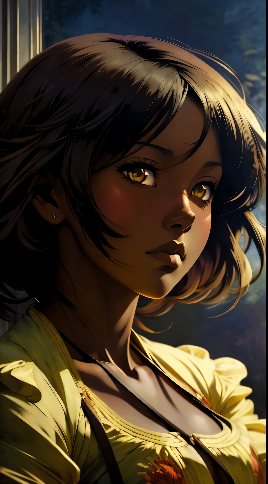 ((Solo Beautiful Carribean woman with dark skin and striking eyes)),  shadowed interior background, art by akihiko yoshida, manga art style, colorfield illustration, scary atmosphere, global illumination, by frank frazetta, art by goro fujita, glamor shot, banner, blur, anime key visual, (blue, yellow and gray colors), photorealistic,  dramatic, anime girl, ((african american features, ebony nose)) , black hair, intricately detailed, chiaroscuro, pino daeni, impressionist (best quality, masterpiece)