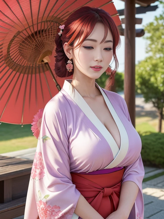 (New Year's scenery of Japan), ((In SFW)), 8K, ((masutepiece)),(((top-quality))),((Ultra-detailed)),((((Realistic)))), Photorealsitic:1.37, (A hyper-realistic), (illustratio), (hight resolution), (ighly detailed), (The best illustrations), (Ultra-detailed細), (walls), (Detailed face), (Beautiful expression), ((More top-quality skins:1.2)), ((Reddish blush)), (Ultra-detailed background, Detailed background), (Beautiful and aesthetic: 1.2), Extremely detailed, Ultra-detailed pussy,beautiful  Girl, , Playfulness and charm. Girls&#39; kimonos are delicately made, Flowing fabric fluttering in the wind. Color is soft pastel, Reminiscent of the wildflowers that surround her. The bodice is attached, With intricate embroidery and beads to capture light. Kimono flows softly, With a layer of fabric that rustles softly as she moves,,. The overall effect is、It is one of timeless elegance and elegance, Hiroko Takashiro, (A MILF女性, A MILF:1.1), 独奏, (Curve:1.1), Office, (Full body shot:1.1), (Red hair:1.05), Long straight hair, lip stick, makeup, Ultra Detail Hair, ultra detail face, (Purple eyes:1.05), Perfect eyes, Perfect face, earrings, ((Detailed eyes, Glossy lips, Fine-grained skin)), Big breasts that are about to burst, Deep cleavage, (Reddish blush),, Woman in Kimono:1.5, ((Eyes closed)), ((put your palms together in front of your face)), A woman wearing a kimono and standing bare skin, (kimono with embroidery), ((Cute kimono)), ((girl&#39;hair rolled up with hairpins)), Kadomatsu City, Komainu, Red tori gates, large company, Customers praying, gorgeous new year decorations, large company decorated with gold leaf, At the shrine shining in the morning sun