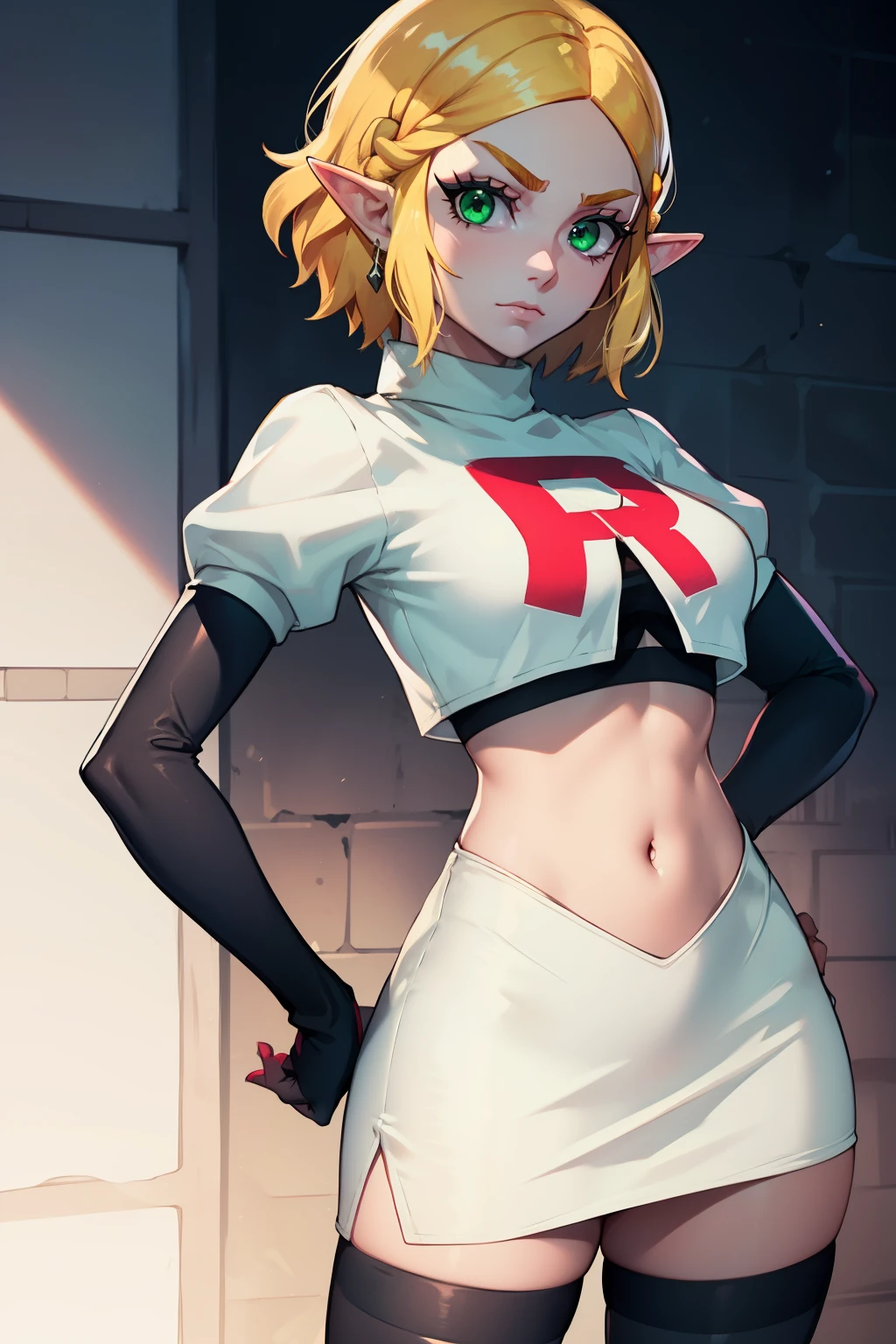 Zelda, green eyes, short hair team rocket,team rocket uniform, red letter R, white skirt,white crop top,black thigh-high boots ,black elbow gloves, sinister villianess look, hands on hips