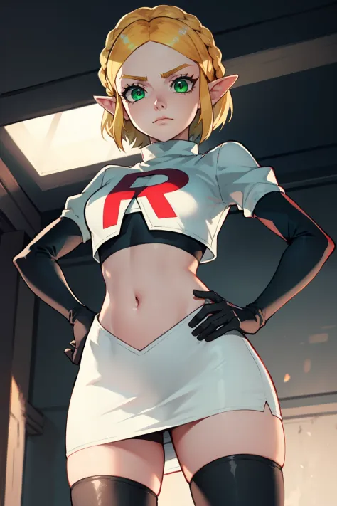 Zelda, green eyes, short hair ,team rocket,team rocket uniform, red letter R, white skirt,white crop top,black thigh-high boots ...