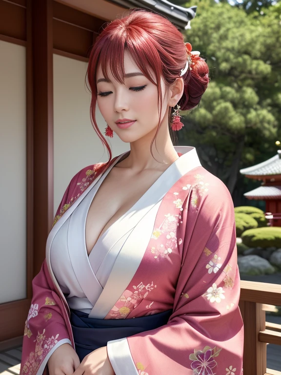 (New Year's scenery of Japan), ((In SFW)), 8K, ((masutepiece)),(((top-quality))),((Ultra-detailed)),((((Realistic)))), Photorealsitic:1.37, (A hyper-realistic), (illustratio), (hight resolution), (ighly detailed), (The best illustrations), (Ultra-detailed細), (walls), (详细的脸), (Beautiful expression), ((詳細 top-qualityのスキン:1.2)), ((Reddish blush)), (Ultra-detailed細な背景, Detailed background), (Beautiful and aesthetic: 1.2), Extremely detailed, オマンコのUltra-detailed細な,beautiful  Girl, , Playfulness and charm. Girls&#39; kimonos are delicately made, Flowing fabric fluttering in the wind. Color is soft pastel, Reminiscent of the wildflowers that surround her. The bodice is attached, With intricate embroidery and beads to capture light. Kimono flows softly, With a layer of fabric that rustles softly as she moves,,. The overall effect is、It is one of timeless elegance and elegance, Hiroko Takashiro, (A MILF女性, A MILF:1.1), Solo, (Curve:1.1), Office, (Full body shot:1.1), (Red hair:1.05), Long straight hair, lip stick, makeup, Ultra Detail Hair, ultra detail face, (Purple eyes:1.05), Perfect eyes, Perfect face, earrings, ((Detailed eyes, Glossy lips, Fine-grained skin)), Big breasts that are about to burst, Deep cleavage, (Reddish blush),, Woman in Kimono:1.5, ((Eyes closed)), ((put your palms together in front of your face)), A woman wearing a kimono and standing bare skin, (kimono with embroidery), ((Cute kimono)), ((hair rolled up with hairpins)), Kadomatsu City, Komainu, Red torii gate, large company, Customers praying, gorgeous new year decorations, 金箔装飾されたlarge company, At the shrine shining in the morning sun