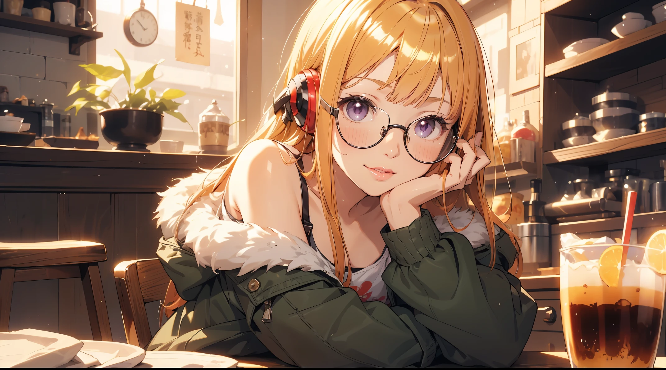 masutepiece, Best Quality, hight resolution, 1girl in, futaba sakura, Blunt bangs, eye glassesの, buraックフレームアイウェア, Ahoge,orange color hair、 small chest purple eyes、 eye glassesの, headphones,  bura, Jacket, off shoulders, Fur trim, fur-trimmed jacket, Green jacket, Shorts, ,the golden hour,A smile that showed teeth、1black cat、tea shop、On the counter、Coffee、futaba sakura、Purple eyes、orange color hair、eye glasses、,​masterpiece、top-quality、Official art、illustratio、ligne claire、(Cool_Color)、perfect-composition、focal、acurate, Anatomically correct、 、hight resolution, Beautiful detailed glow, masutepiece*Portrait, 3D Face, Realistic, (masutepiece: 1.3), (max resolution: 1.2), (Ultra HDTV: 1.2), cinematric light, 8K resolution, phi ,​masterpiece、top-quality、Ultra Detail、(((shiny lips: 1.4)))Beautiful face, acurate, Anatomically correct, phiAlways detailed face and skin texture, Detailed eyes, Double eyelids, tThin eyebrows、 pale skin, Lustrous skin all over the body, Perfect face,Always detailed face and skin texture, Detailed eyes, Double eyelids, Thin eyebrows,Natural cheeks, Glossy skin, Fair skin: 1.2, (Glossy lips: 1.4), (((最高にbeautiful a girl)))、(((beautiful a girl)))、（little blush）、（Beautiful face）、
Delicate and beautiful hair, Delicate and beautiful eyes and face, (Beautiful gorgeous cute western woman:1.3),)(((Very Beautiful face))))(((long lashes))))(((Circular twinkling eyes)))(((Glossy and glossy lips)))
(((Cheeks with a slight reddish tinge:0.8)))(((Neat and straight nose bridge)))、(((Cowboy Shot)))crouching cowgirl,