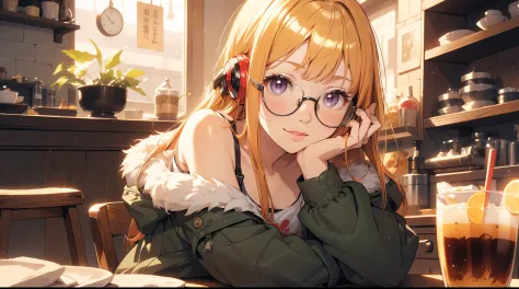 masutepiece, Best Quality, hight resolution, 1girl in, futaba sakura, Blunt bangs, eye glassesの, buraックフレームアイウェア, Ahoge,orange c...