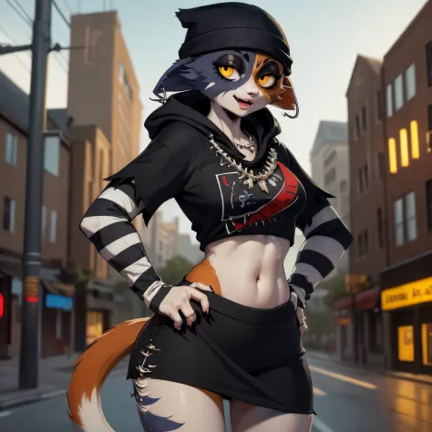 best quality, masterpiece:1), solo, (shaded face:1.2), furry female anthro meowskulls, (pink nose:1.3), (yellow eyes, white sclera, Black pupil), standing, tail, smile, looking at viewer, open mouth, necklace, wide-eyed, beanie, fish hook piercing, (city b...