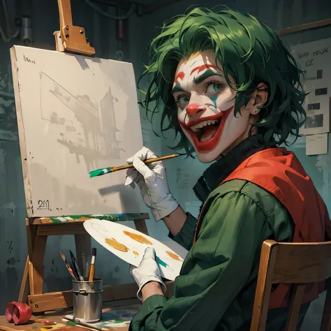 (((best quality)), ((masterpiece)), (detailed),illustration, HD), joker making a painting on a blank canvas, wearing big green a...