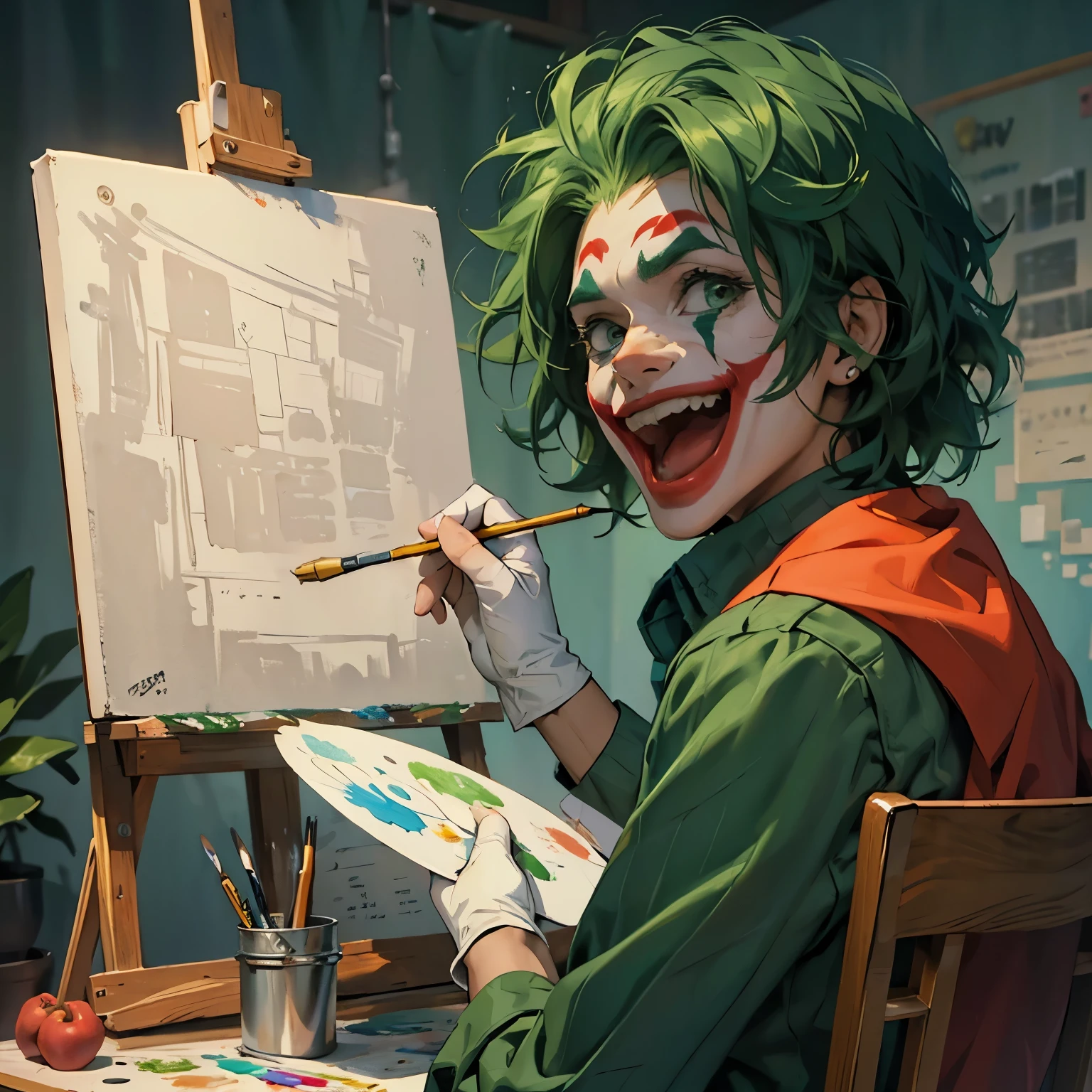 (((أفضل جودة)), ((تحفة)), (مفصلة),توضيح, عالية الدقة), joker making a painting on a قماش بيضاء, مرتديًا باروكة خضراء كبيرة مجعدة,  عيون مليئة بالحماس, يضحك بجنون, يرتدي قفازات بيضاء, ((قماش بيضاء))