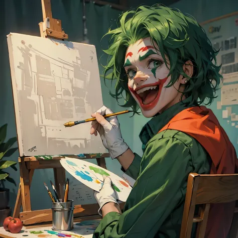 (((best quality)), ((masterpiece)), (detailed),illustration, HD), joker making a painting on a blank canvas, wearing big green a...