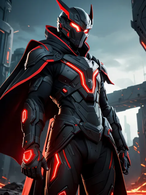 In a (dystopian realm), a formidable male soldier in exo (Red and black color) suit emerges clad in sleek and battle-worn armor, adorned with glowing circuitry. (Draped in a tattered gold cloak that billows in the wind), this enigmatic machine possesses an...