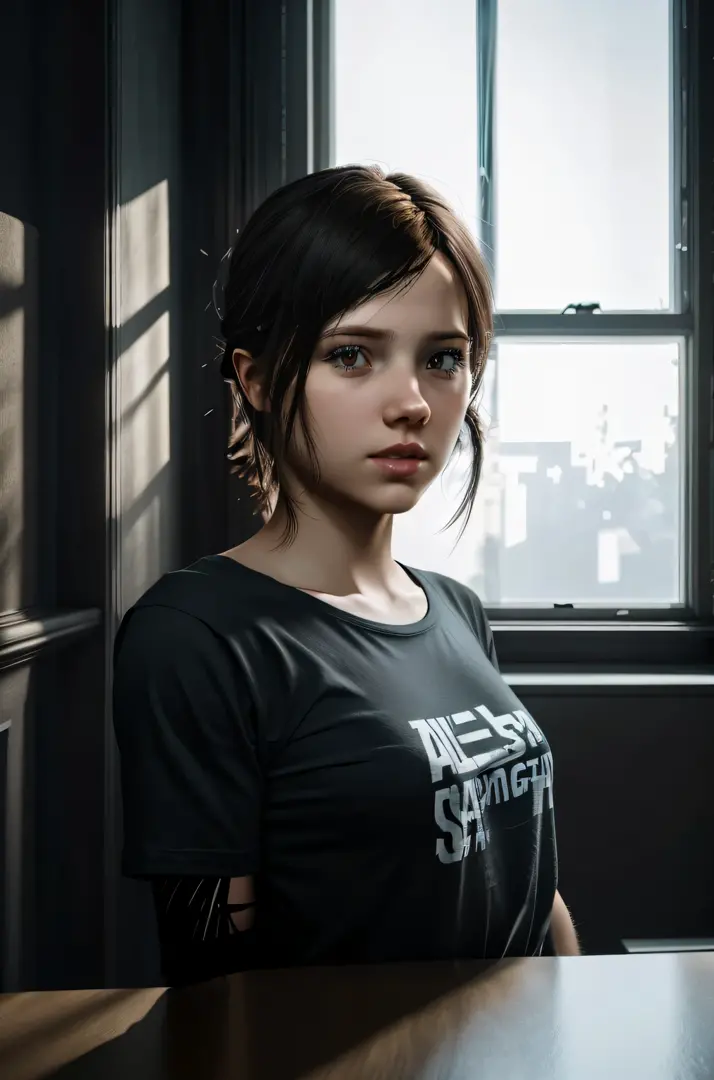 1 young girl, wearing t-shirt from ellie from 'the last of us', (best quality:1) , (masterpiece:1), (ultra detailed:1), photorea...