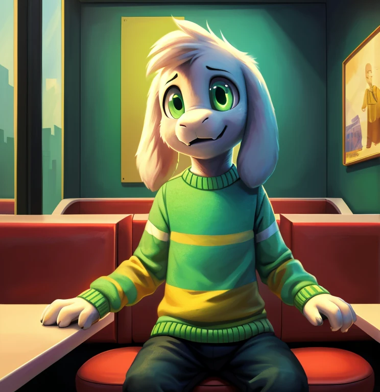 1boy,(( )), green t-shirt, pants, solo, kid, cute, sit, backlit, artistic composition, a pink-blue vaporwave themed retail store, diner, dinner, dramatic, dynamic pose, smiling, happy, great composition, gold, adorable, (green-yellow stripe sweater, brown pan quality, ultra-detailed, best illustration, masterpiece, high res, professional artwork, famous artwork), realistic paint, (insane detailed eyes, green shine eyes), white fur, detailed realistic painting, male, detailed white fur, asriel, portrait, detailed hands, shaded, four fingers, insane details, looking forward, cartoon, cute, worried look