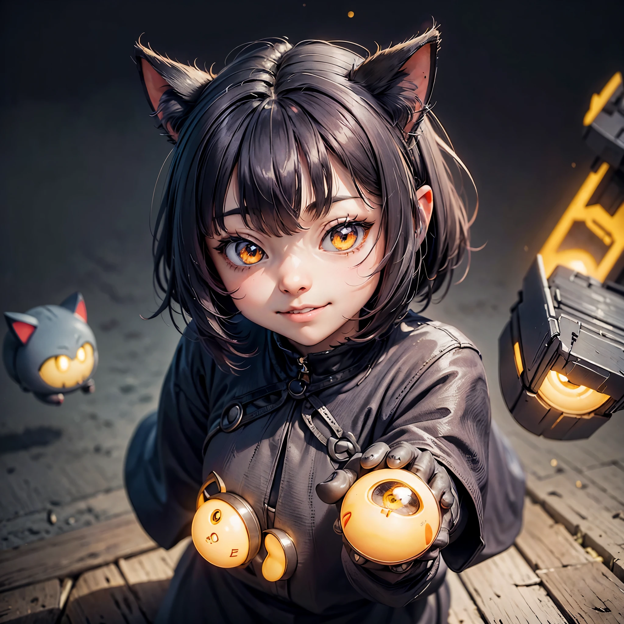 Anime girl with cat ears holding a lantern and a cat - SeaArt AI