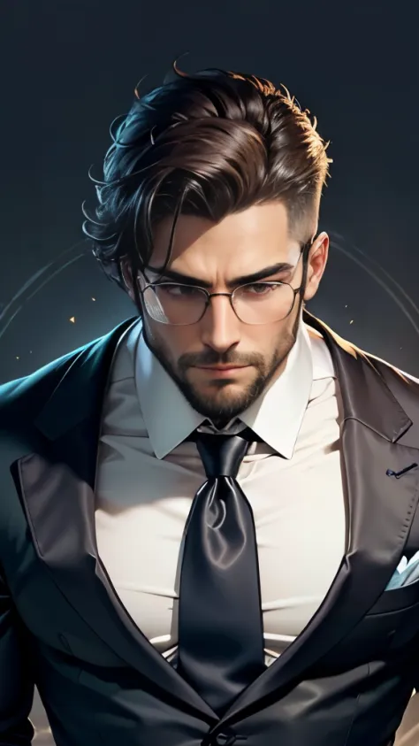 1 man,full body image, wearing glasses,beard, handsome, formal suit, buff muscular physique, tan skin, sharp eyes, chiseled jawline, book in hand