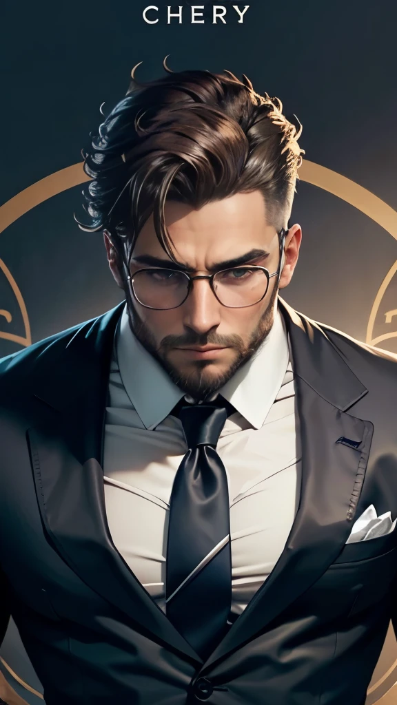 1 hombre,imagen de cuerpo completo, usando lentes,barba, elegante, traje formal, físico musculoso, piel bronceada, ojos afilados, mandíbula cincelada, libro en mano