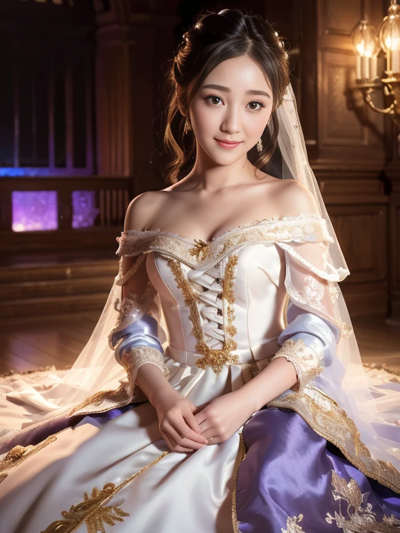 Young girl in wedding dress and updo, Off-shoulder neckline, and a long veil. her face is young and innocent, Looks like a child. She looks at the camera with a playful expression. Detailed artwork with vivid illustrations, Realistic colors, Capture every detail. The medium of digital painting, Guaranteed best quality and high resolution (4K or 8K). soft and romantic lighting, creating a dream-like atmosphere. The overall color is warm and gentle................, Highlight the joy and beauty of your wedding scene.frontage、full body Esbian、A smile