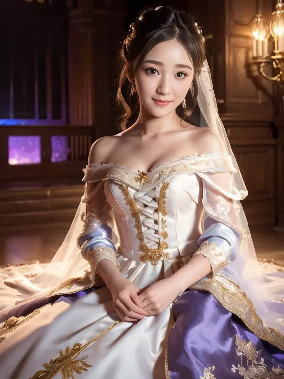 young girl in wedding dress and updo, off-shoulder neckline, and a long veil. her face is young and innocent, looks like a child...