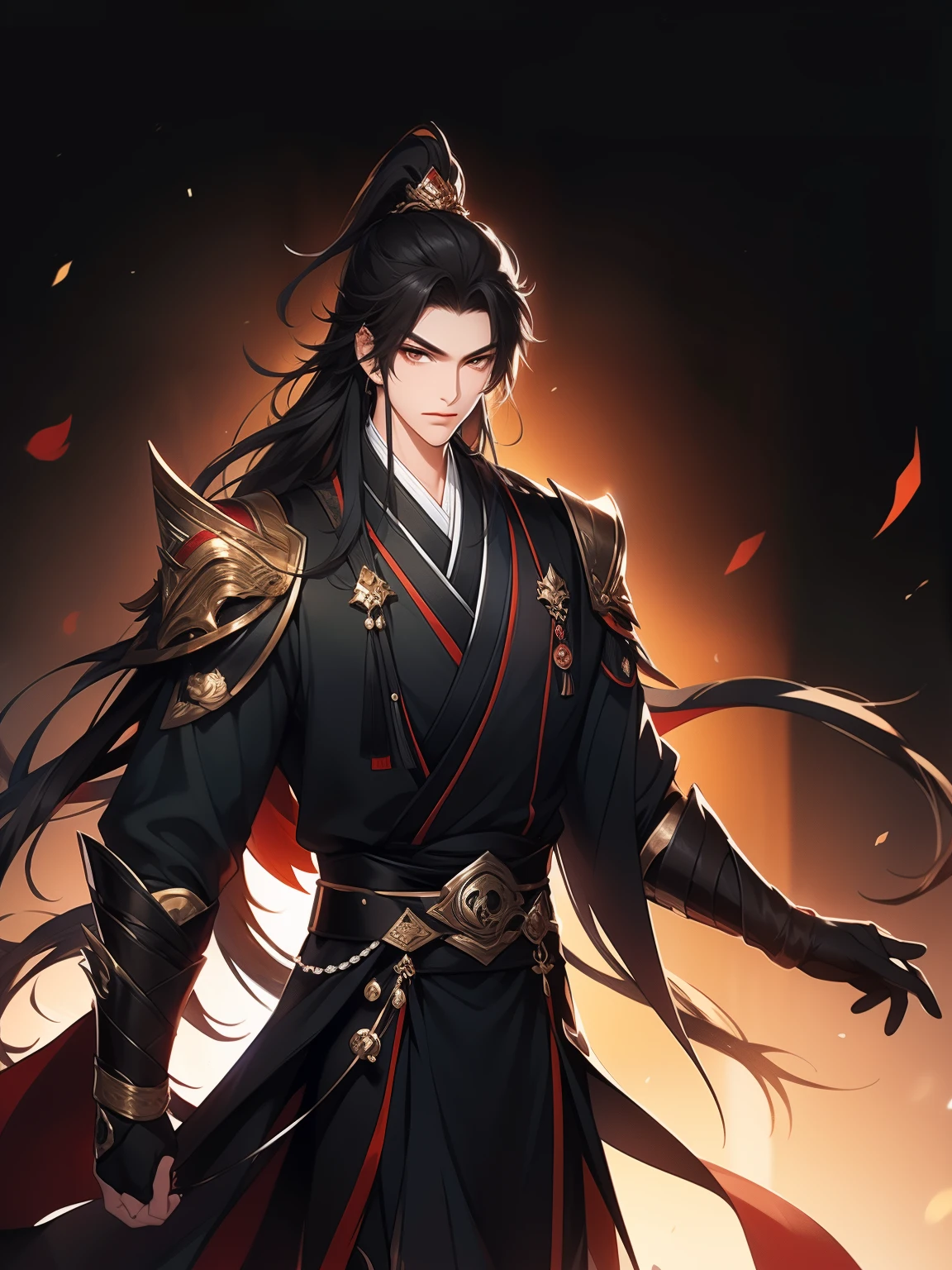 Libido boy，disheveled black hair , Orange eyes , black martial arts uniform , Fighting posture，asian architecture interior, Martial arts costumes , 1male people , Complicated details , perfect generation , male people , musculous ,Cloak