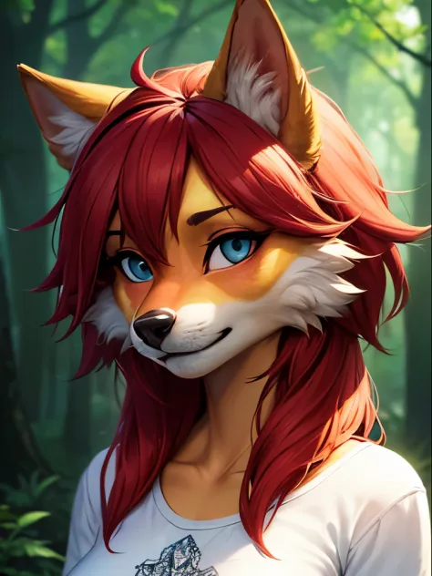 (masterpiece:1.5), expressive eyes, perfect face, vibrant lighting, 8k uhd, hd, intricate details, highly detailed, volumetric lighting, trending on artstation, illustration, (furry:1.2), (anthro:1.2), white t-shirt, small breasts, upper body, tree, forest