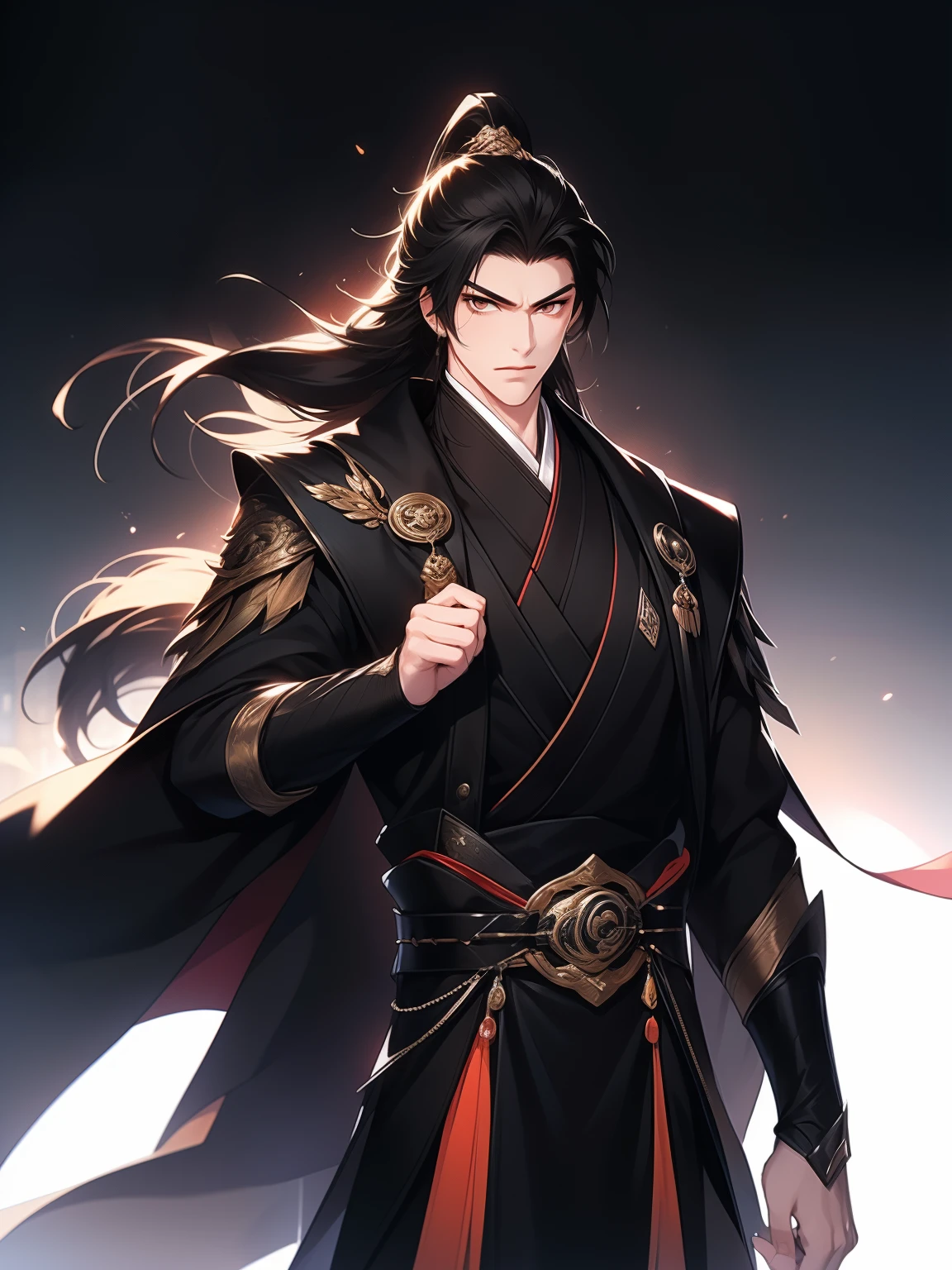 boy dissatisfied gesture，disheveled black hair , Orange eyes , black martial arts uniform , Fighting posture，asian architecture interior, Martial arts costumes , 1male people , Complicated details , perfect generation , male people , Muscular ,Cloak