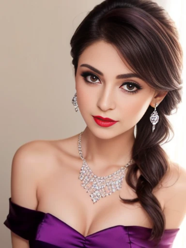 Lebanese lady, diamond dangling earrings, necklace, bracelets, small breasts, red lips, smokey eyes, purple satin dress, sad, hot, off shoulder, sleeveless,  blush, side swept hair style, cleavages, radiant skin, 40 years old, innocent face