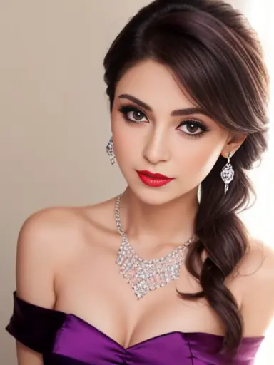 Lebanese lady, diamond dangling earrings, necklace, bracelets, small breasts, red lips, smokey eyes, purple satin dress, sad, ho...