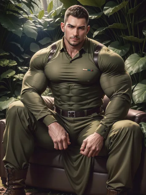 Tall giant muscular man sitting in the forest，Khaki camouflage military uniform，character  design（Resident Evil - Chris Redfield，Chris Redfield）buzz clip，身穿Khaki camouflage military uniform，Matte texture，Soft and comfortable sofa，Sitting in the eerie sugar...