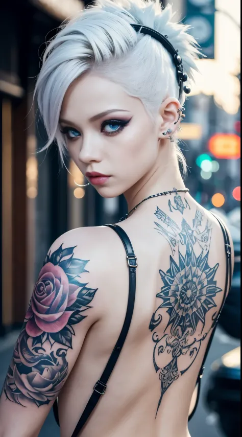 Tips for the first topic are as follows： quality, 8K, 32K, On a table:1.3), ultra - detailed, (realistically:1.4), white colors, albinism, punk girl, 詳細な目, upper part of body, Luxurious Punk Hairstyle, Avant-garde punk fashion, Avant-garde makeup, numerous...