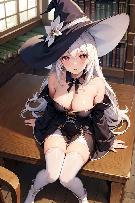 1woman, long hair, white hair, mature, parted lips, blush, sitting, witch hat, witch robe, library,  light rays, glow,  white stockings, witch boots, narrow waist, (masterpiece), wallpaper, wide angle, from above