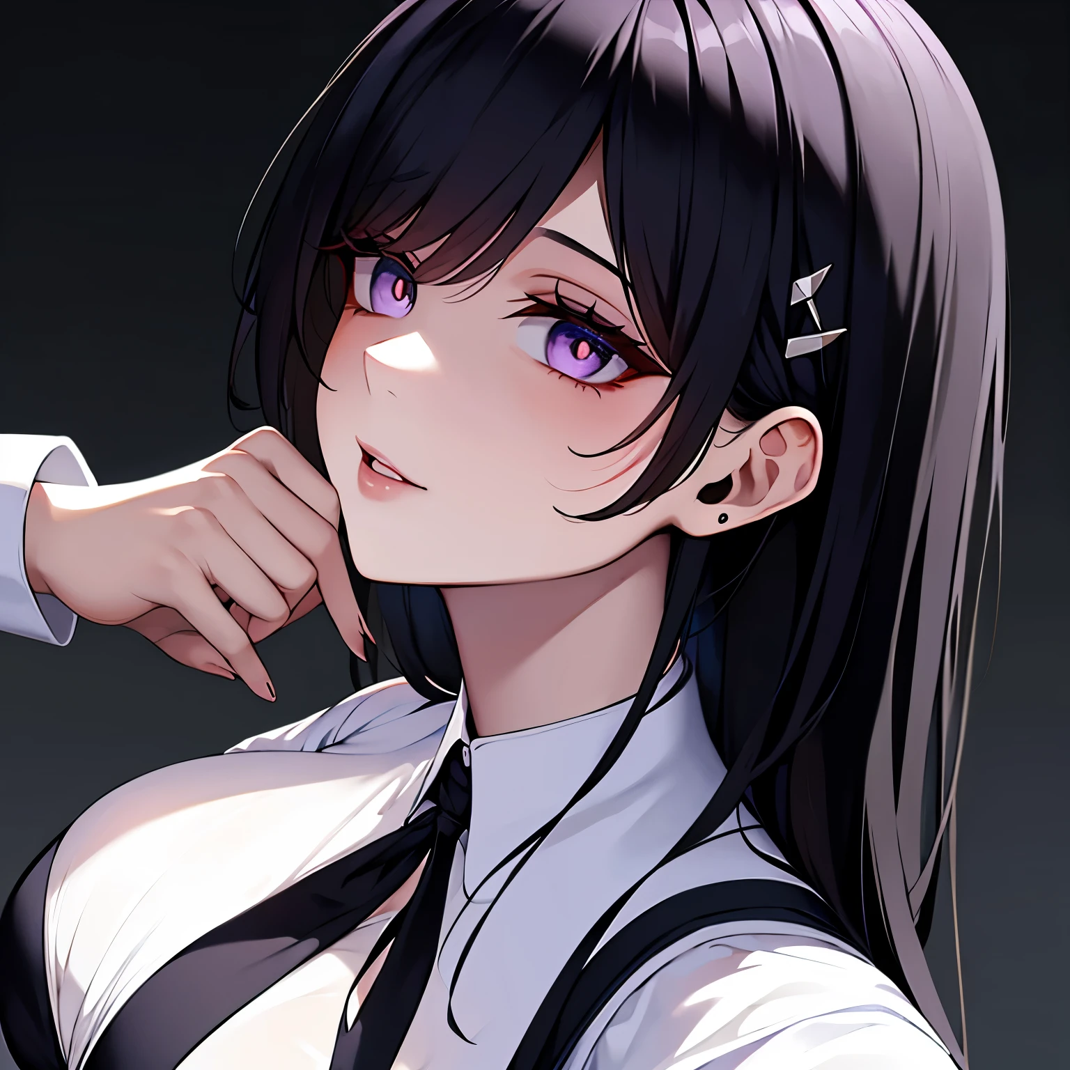 Upper body and head, yandere, bottom angle, attention to handsome woman, perfect handsome female solo, solo woman, lightly twisting hair next to ear, hairpin, black hair, beautiful face, crazy, perfect hands, lavender eyes, uniform ,white shirt,black blazer,detailed lighting,school,big breasts,