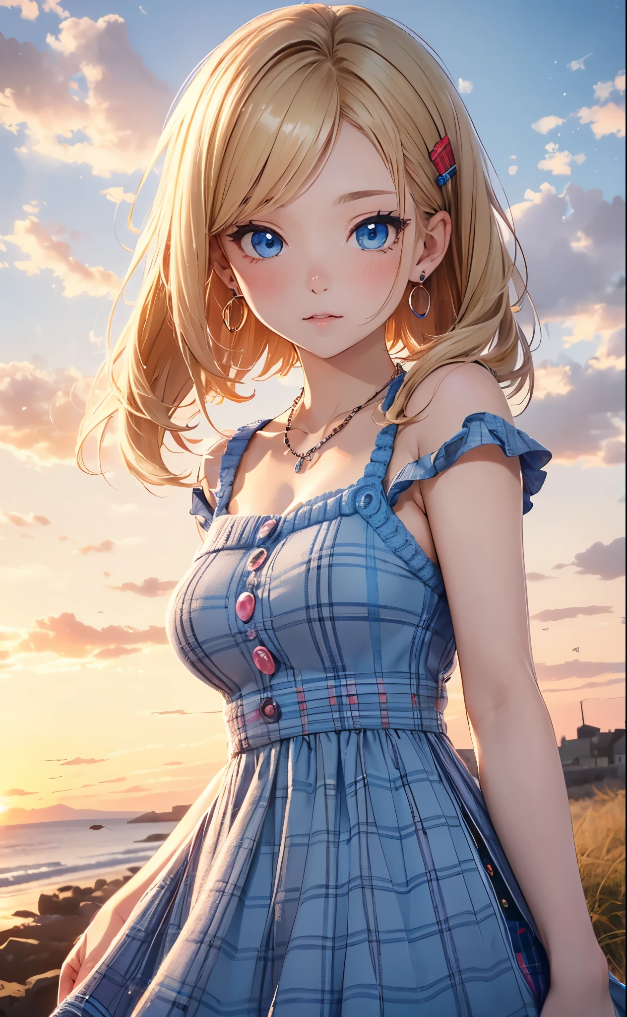 melody marks,absurderes, ultra-detailliert,bright colour, extremely beautiful detailed anime face and eyes,Short hair, Forehead, Blonde hair with short twin tails, Shiny hair, boobs  delicate beautiful face, red blush、(deep blue eyes:1.2),hair clips,earrings,a necklace, (plaid knit dress:1.3), Beautiful cloud, Dusk sky,