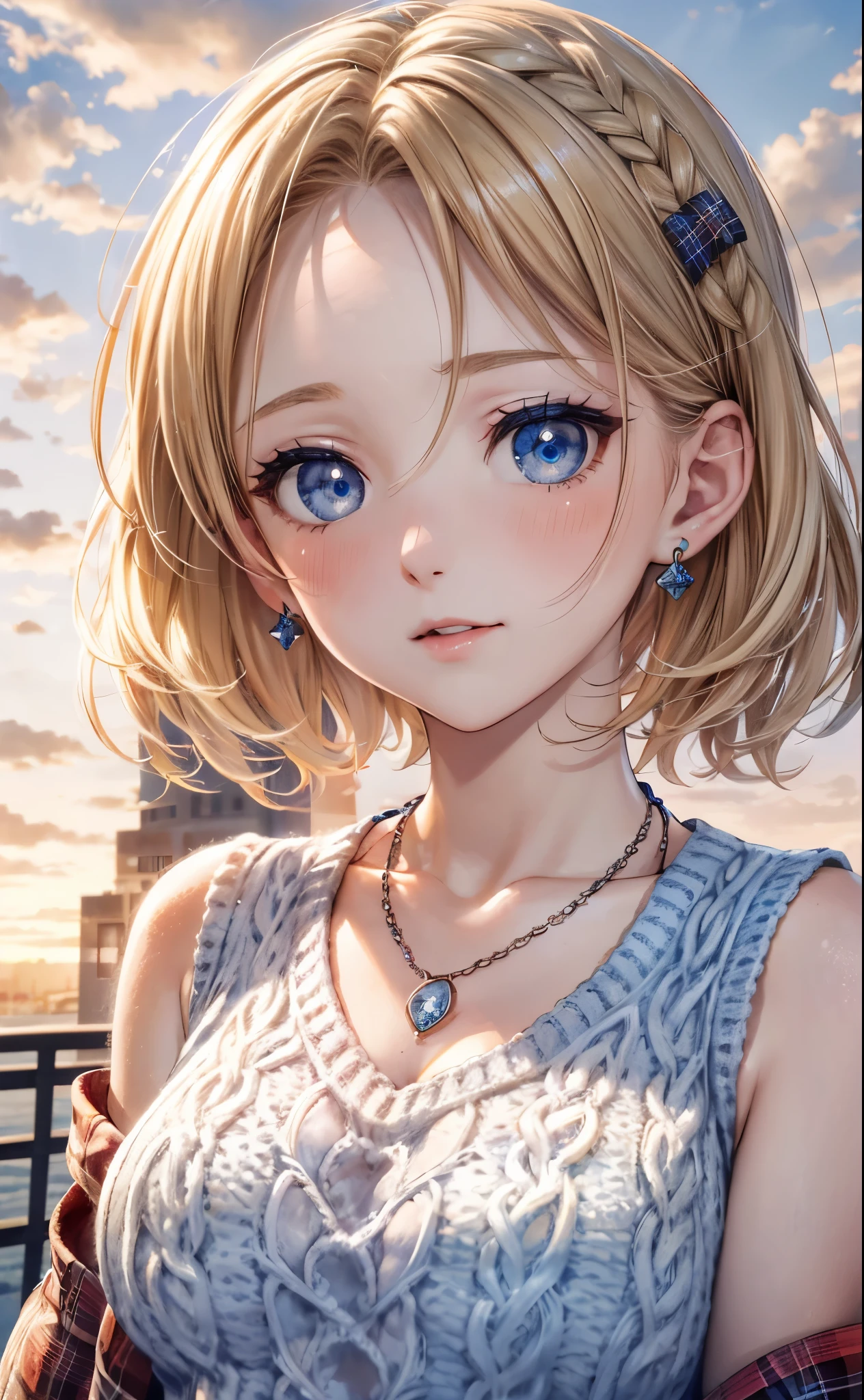 melody marks,absurderes, ultra-detailliert,bright colour, extremely beautiful detailed anime face and eyes,Short hair, Forehead, Blonde hair with short twin tails, Shiny hair, boobs boobs delicate beautiful face, red blush、(deep blue eyes:1.2),hair clips,earrings,a necklace, (plaid knit dress:1.3), Beautiful cloud, Dusk sky,