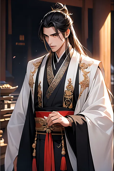 A man in a black Hanfu，the only person，Hanfu，longer sleeves，Wide sleeves，asian architecture interior，