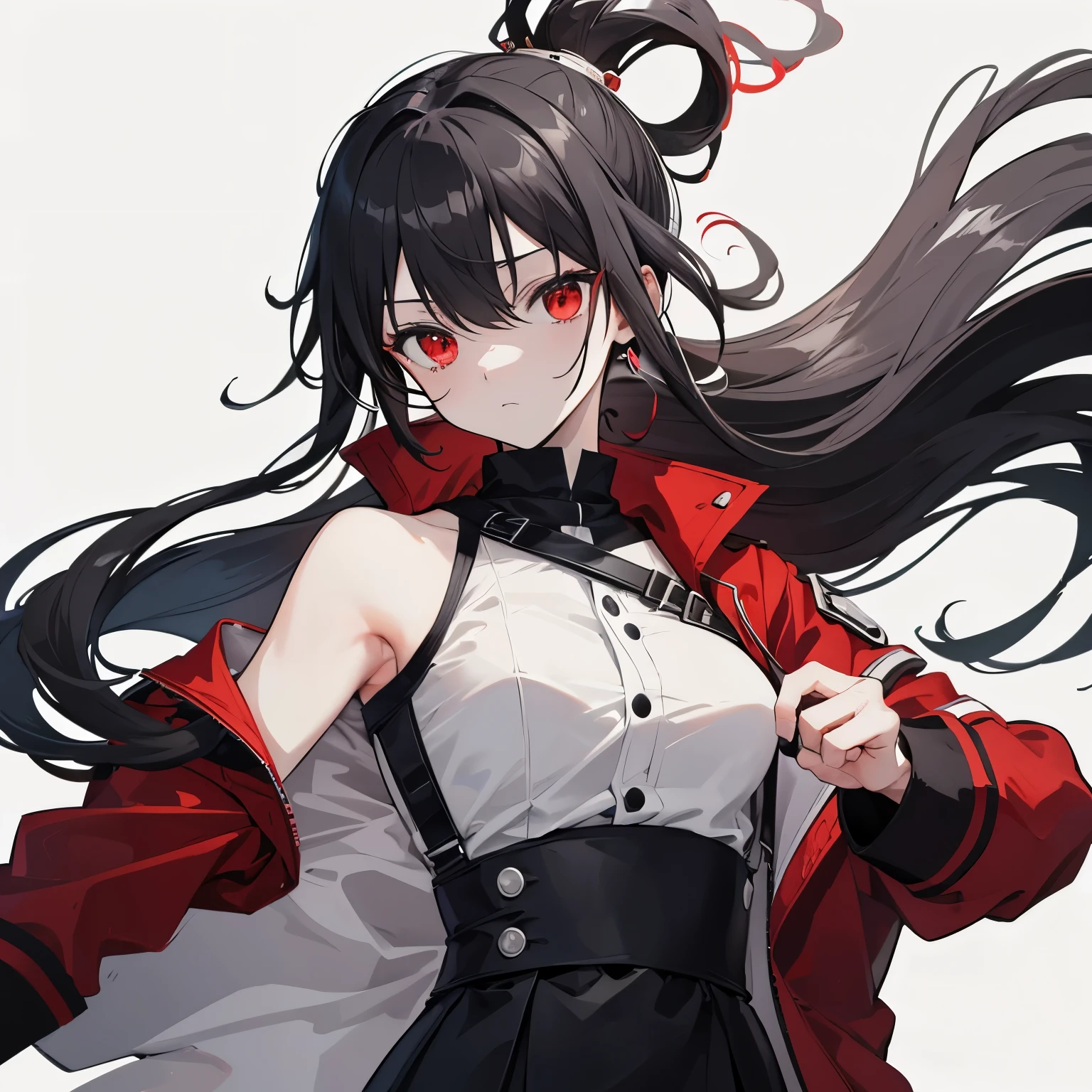 Anime girl with long black hair and red eyes in a white shirt - SeaArt AI