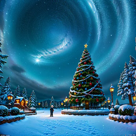 Thick white snow world，A huge Christmas tree stands 20 meters high in the middle of the town，It&#39;s covered with starry lanterns，diamond，Christmas tree with thick snow on the branches，Echoing the lights，The sky still snowing，In front of the Christmas tre...