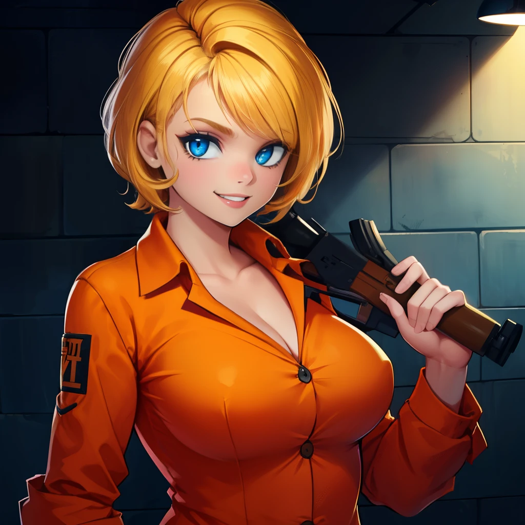 TheConvict, solo, smile, masterpiece, holding a gun, 1girl, gun detail, orange prisoner shirt, collared shirt, bright lighting, big breasts