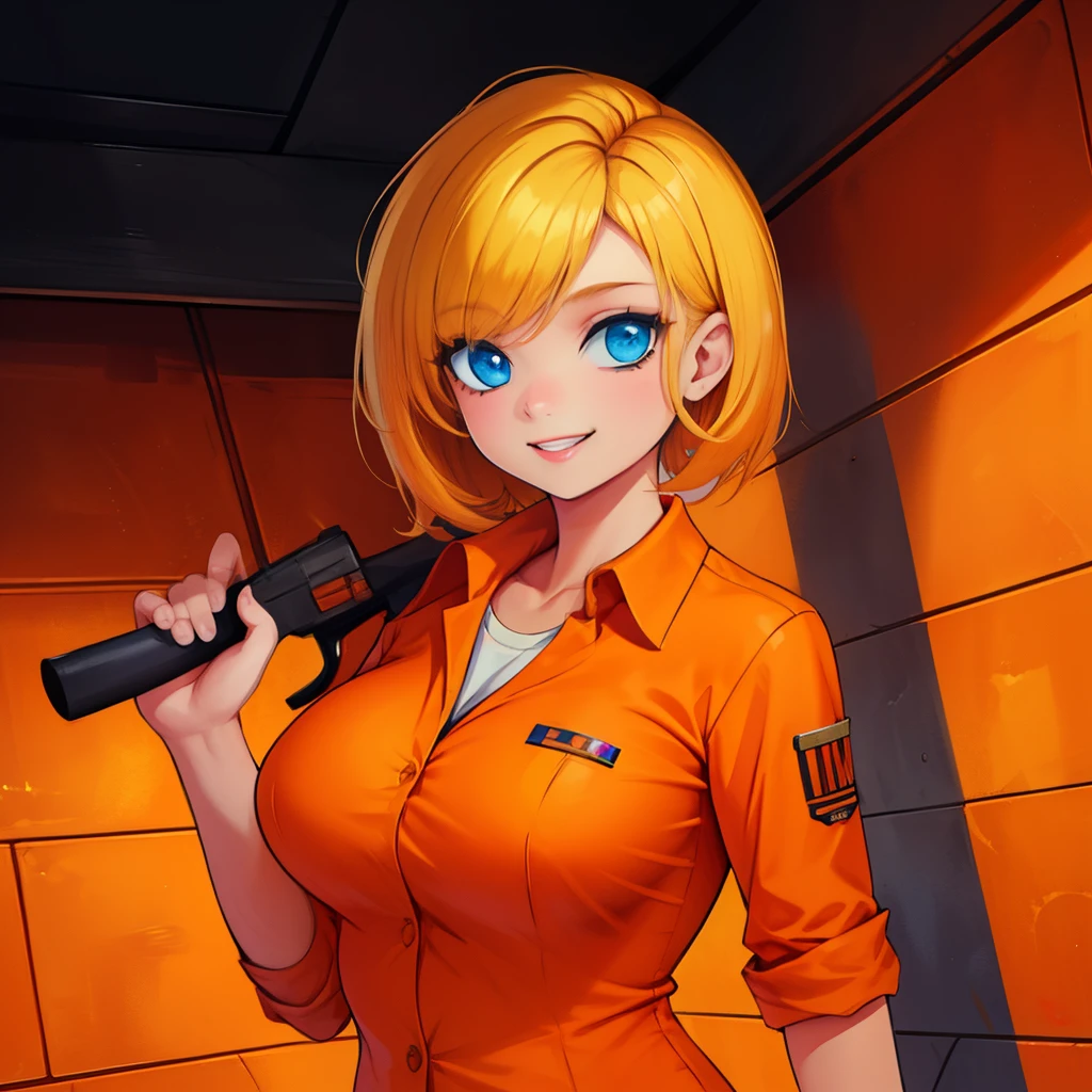 El convicto, solo, sonrisa, Obra maestra, 1 chica, detalle del arma, Camisa naranja de prisionero, camisa de cuello, iluminación brillante, pechos grandes