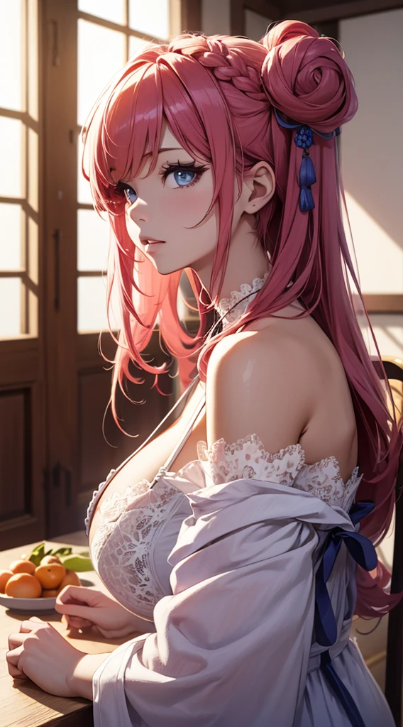 8K、quality、On a table、super high image quality、ultra - detailed、super beautiful、Ultra-realistic hair textures、anime illustration、Surreal sensibility、Whole body ESBIAN、mesmerizing looks、shave 、Off-the-shoulder blue yukata、Beutiful women、orange long hair、pony tails、eBlue eyes、Glowing and radiant skin、Very huge、Red lace breasts are super big、Glowing and radiant skin 、Clean skin、Japanese style room with daytime background,Big breasted 1.5，
