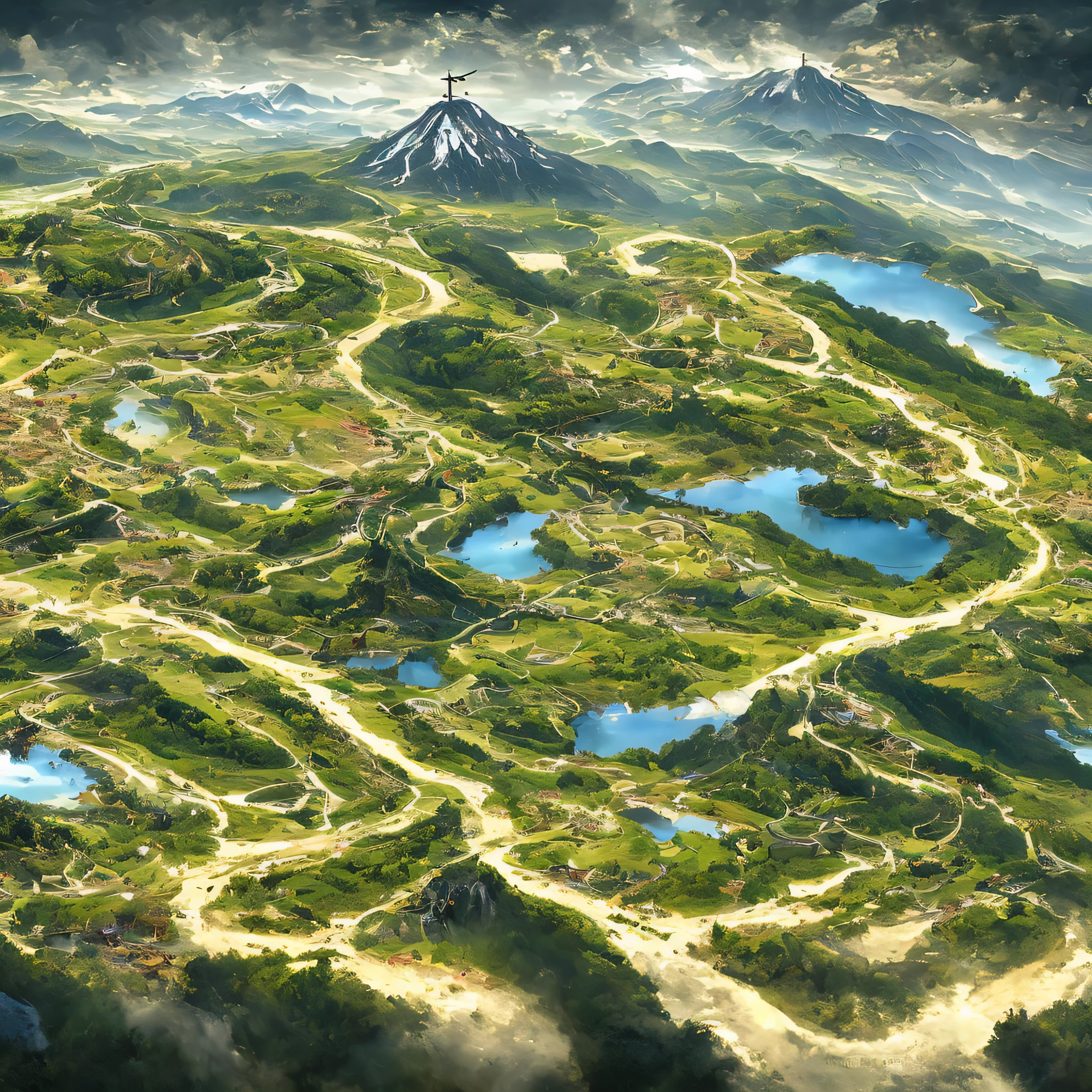 big game map with the following seperated elements: nature habitats, city habitat, desert, volcano, islands, snow mountain, flying city, oriental city, scifi city, church, pagoda, tropical, seaport, abyss, valley, snow zone, death land, mountain area, meadow