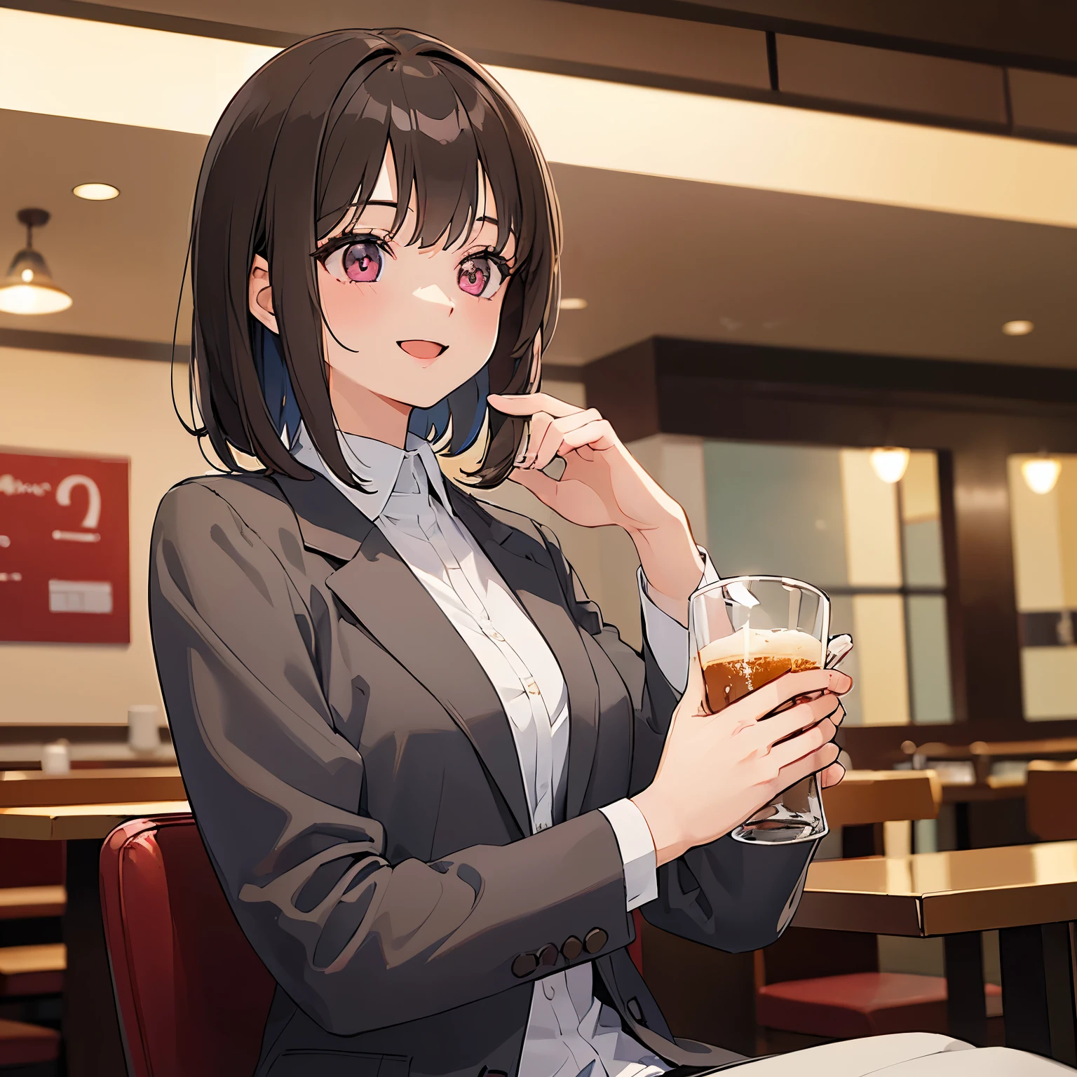 Anime girl sitting at a table with a glass of beer - SeaArt AI