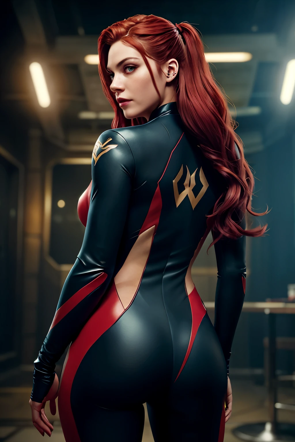 A striking portrait of the League of Legends character Jinx, clad in her signature black and red suit. Her body is positioned confidently, with her left hip jutting out slightly, showcasing her unique sense of fashion. Her left hand rests on her hip, while her right hand holds a smirk on her face. Her long, flowing red hair cascades down her back, adding a touch of fiery color to the overall monochromatic scheme. The background of the image is intentionally blurred, drawing the viewer's attention solely to Jinx and her striking appearance. However, the League of Legends logo can be seen subtly embossed on her suit, reinforcing her connection to the game and her iconic status within the League., cinematic shot, dynamic lighting, 75mm, Technicolor, Panavision, cinemascope, sharp focus, fine details, 8k, HDR, realism, realistic, key visual, film still, superb cinematic color grading, depth of field, natural beauty