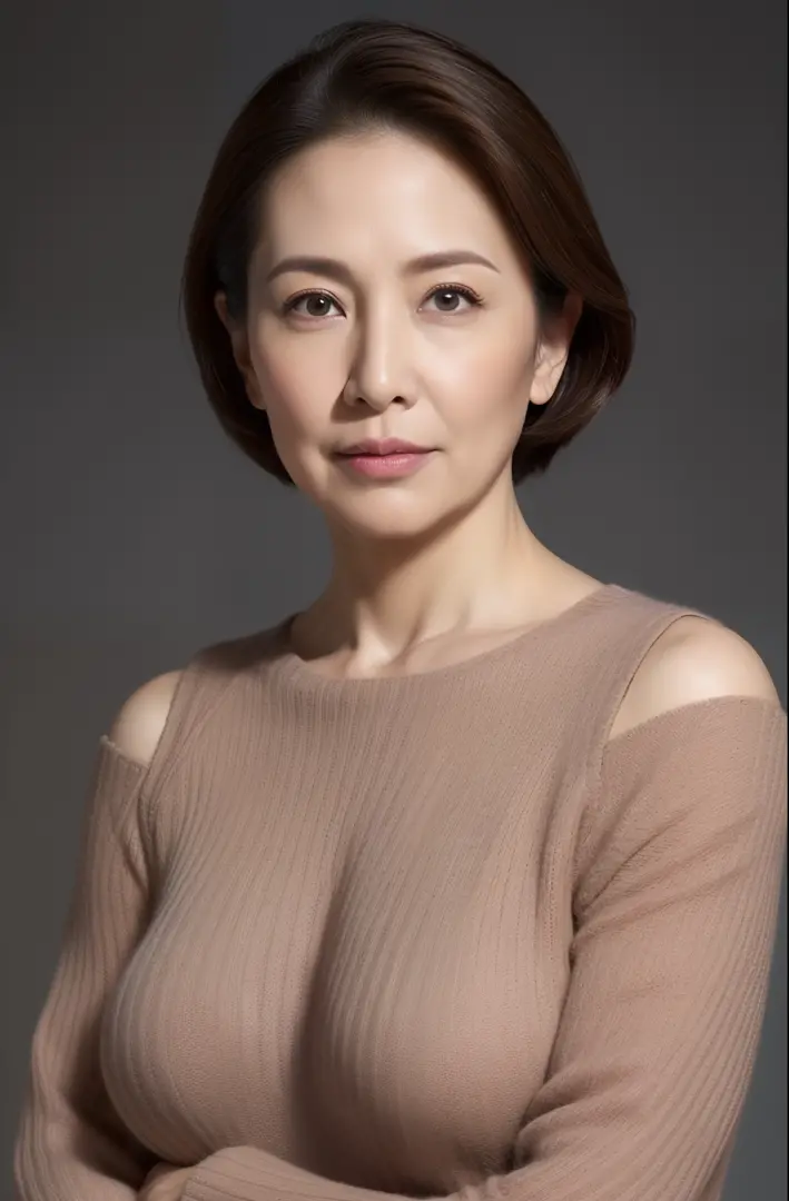 hight resolution, high-level image quality, high detailing, ​masterpiece, Textured skin, tre anatomically correct, sharp, greybackground((japanese mature, 55 years old)), 独奏, ((Wrinkles on the face)), large breasts with good shape, Straight light brown hai...