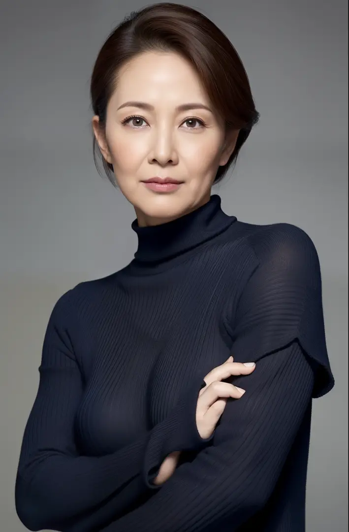 hight resolution, high-level image quality, high detailing, ​masterpiece, Textured skin, tre anatomically correct, sharp, greybackground((japanese mature, 55 years old)), 独奏, ((Wrinkles on the face)), large breasts with good shape, Straight light brown hai...