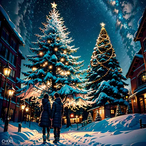Thick white snow world，A huge Christmas tree stands 20 meters high in the middle of the town，It&#39;s covered with starry lanterns，diamond，Christmas tree with thick snow on the branches，Echoing the lights，The sky still snowing，In front of the Christmas tre...