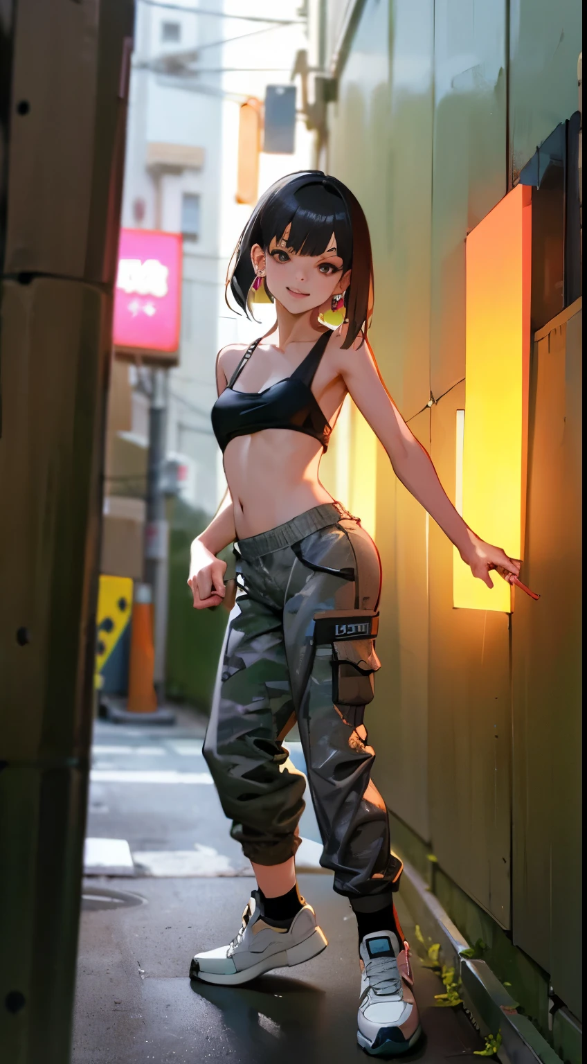 (best quality,4k,highres,masterpiece:1.2),realistic,Japanese style masterpiece: environment: night, streets, alleyways and graffiti on the walls, neon lights, young woman, in her 20s, black hair, brown eyes, dangling earrings, silver short hair, perfect figure, slim hips, exposed small breasts with brown nipples, pierced navel, loose camouflage pants open to reveal black underwear, white sneakers, mischievous smile, light makeup, hip-hop pose, accompanied by a stray black cat.