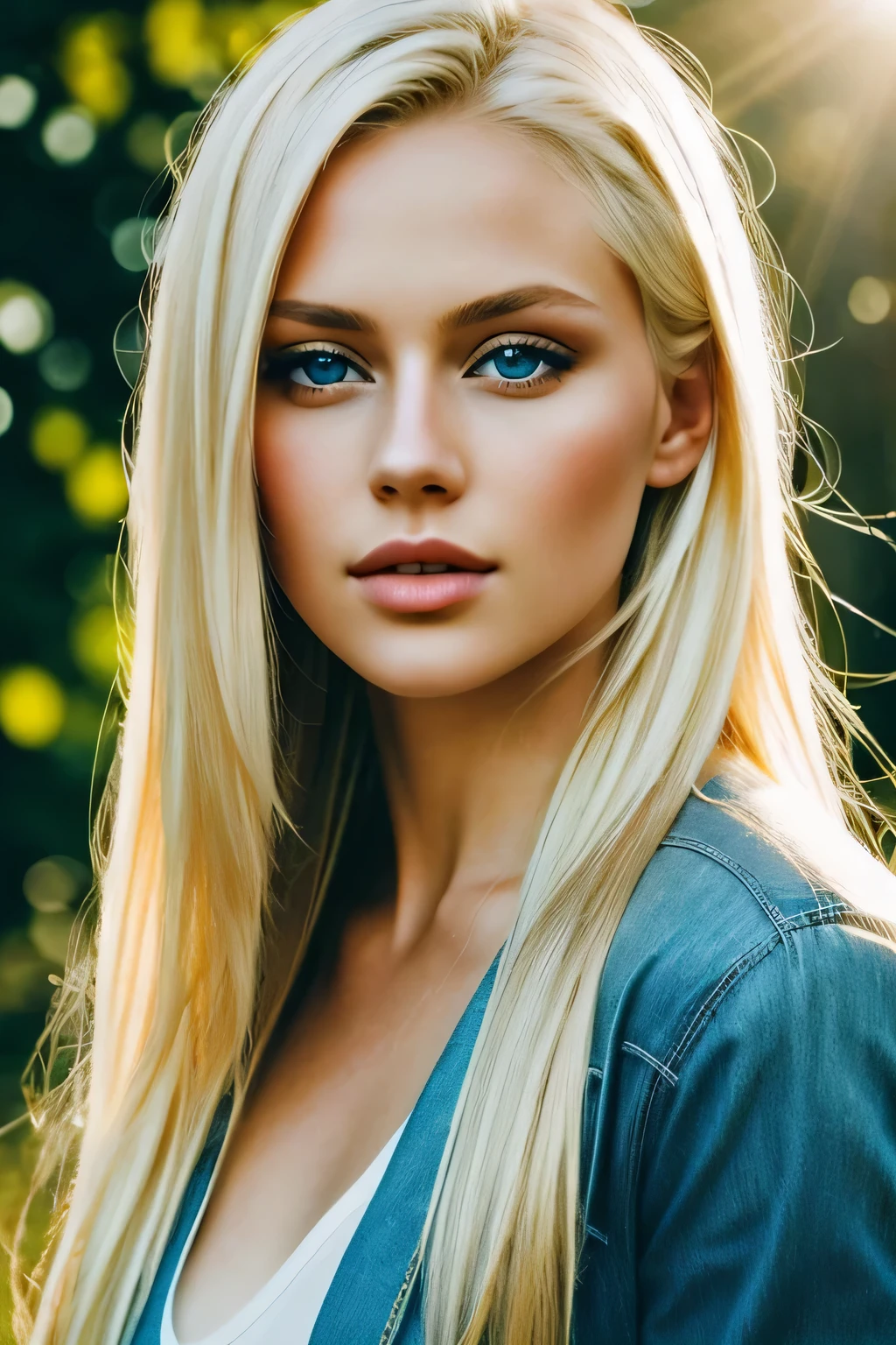 一位金髮碧眼的年輕性感女性，長髮，穿著熱衣服，坐在大自然中, 藍眼睛, 傑作, 最好的品質, 顏色, 光, 阴影, 反射, 折射, 語氣, 對比, 前景, 中間立場, 背景, 自然主義的, 更大的嘴唇