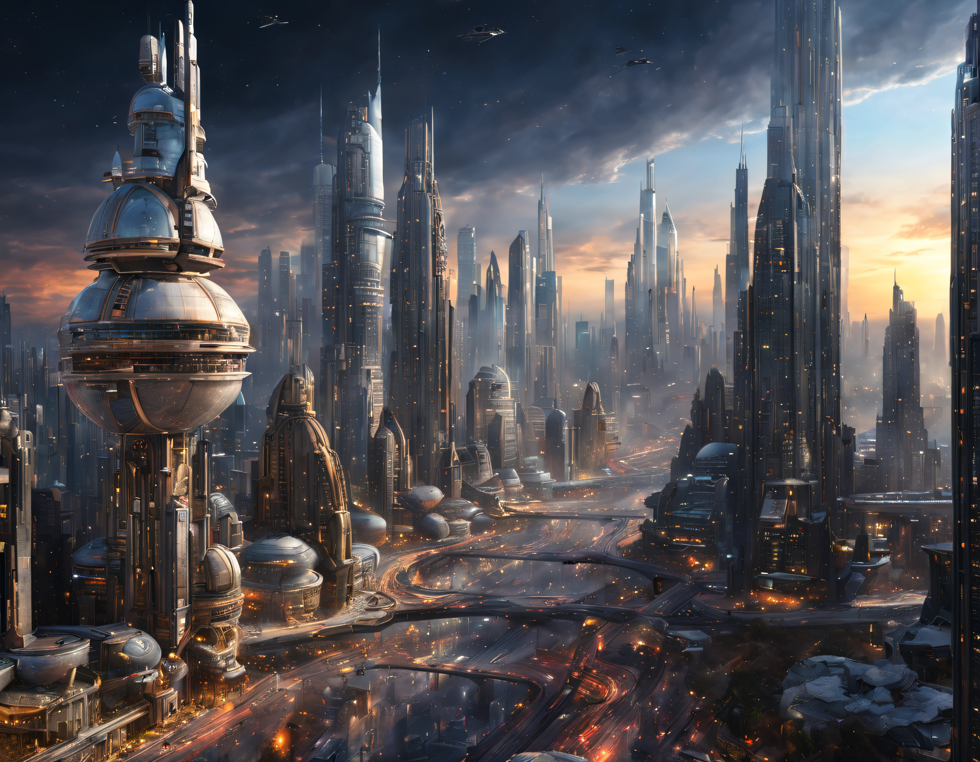 (The city of Coruscant from Star Wars as designed by Doug Chiang), futuristic fantasy city with immense buildings of technological design (que forman una avenida infinita), edificios compactor no difuminados con aspecto metalico, luces en ventanas en edificios, iluminacion diurna con sol, con estructuras acristaladas espectaculares, (con colores vivos). pavimento ensolado (sin brillo). gente paseando. imagen bien definida con muchos edificios juntos. imagen nitida bien definida 8k. los edificios llegan alta el fondo.,8k. imagen cinematografica. ((obra maestra de superior calidad)). (renderizado 3D).