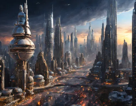 (the city of coruscant from star wars as designed by doug chiang), futuristic fantasy city with immense buildings of technologic...