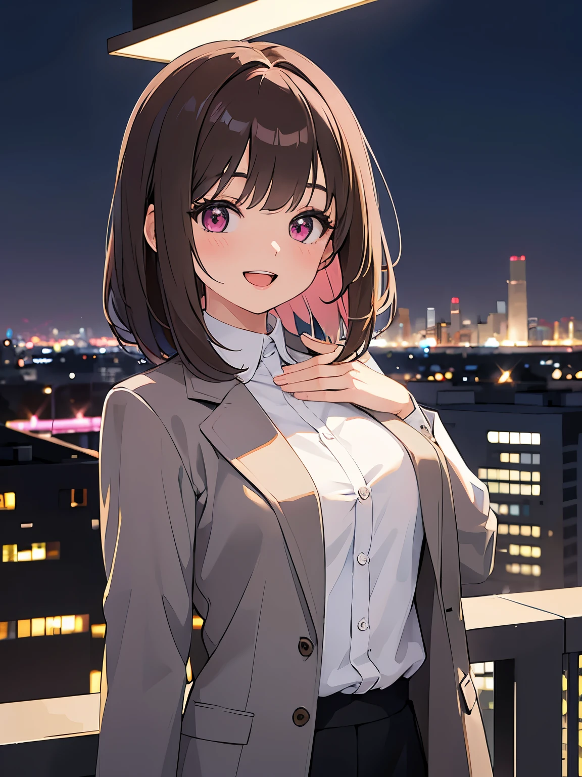 ​masterpiece、top-quality、 A 25-year-old woman with medium hair and pink eyes with brown bangs.、Wearing a gray suit、white  shirt、(smile:1.3)、open mouth, is standing、background is city at night、Bold composition、Upper body is shown、Alone、