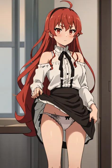 Best quality at best, (tmasterpiece:1.2), detailed,
1 girl, Alone, Keep your mouth shut, Be red in the face,
long whitr hair, redheadwear, ahoge, red eyes, black hair band,
White dress, exposed bare shoulders, Neck strap, black ribbon, Dark brown skirt, lo...