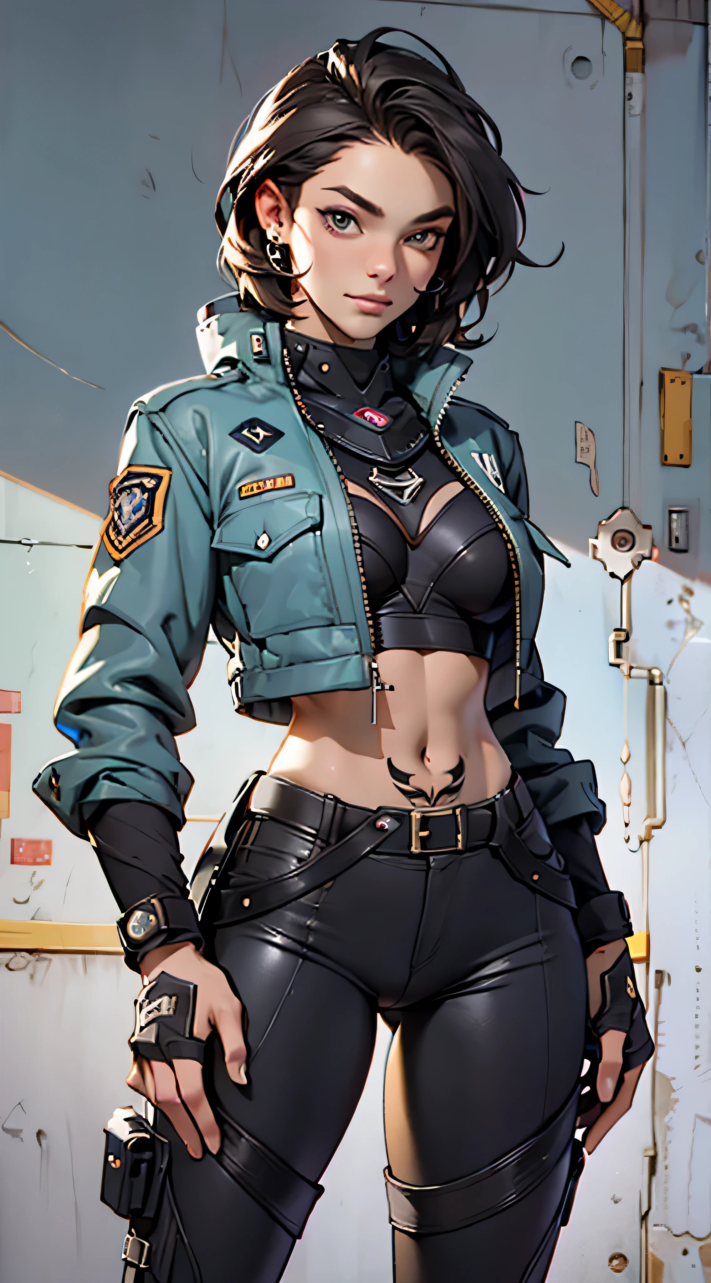 11:23(((Best quality: 1.4))),(Unbeatable masterpiece), (hyper HD),(Hyper-realistic 8k CG)、（Cross one hand at your waist），（dark colored hair） ((( body))), (((1 girl in))), 25-year-old American soldier with perfect body,,Beautiful and well groomed face,muscular body:1.2,Solid royal blue jacket with details, (Pictures from head to thighs)， Complex equipment, purpleish color，long trousers，The clothes inside are dark，Clothes with armored metal electronic parts, Poison tattoos )
