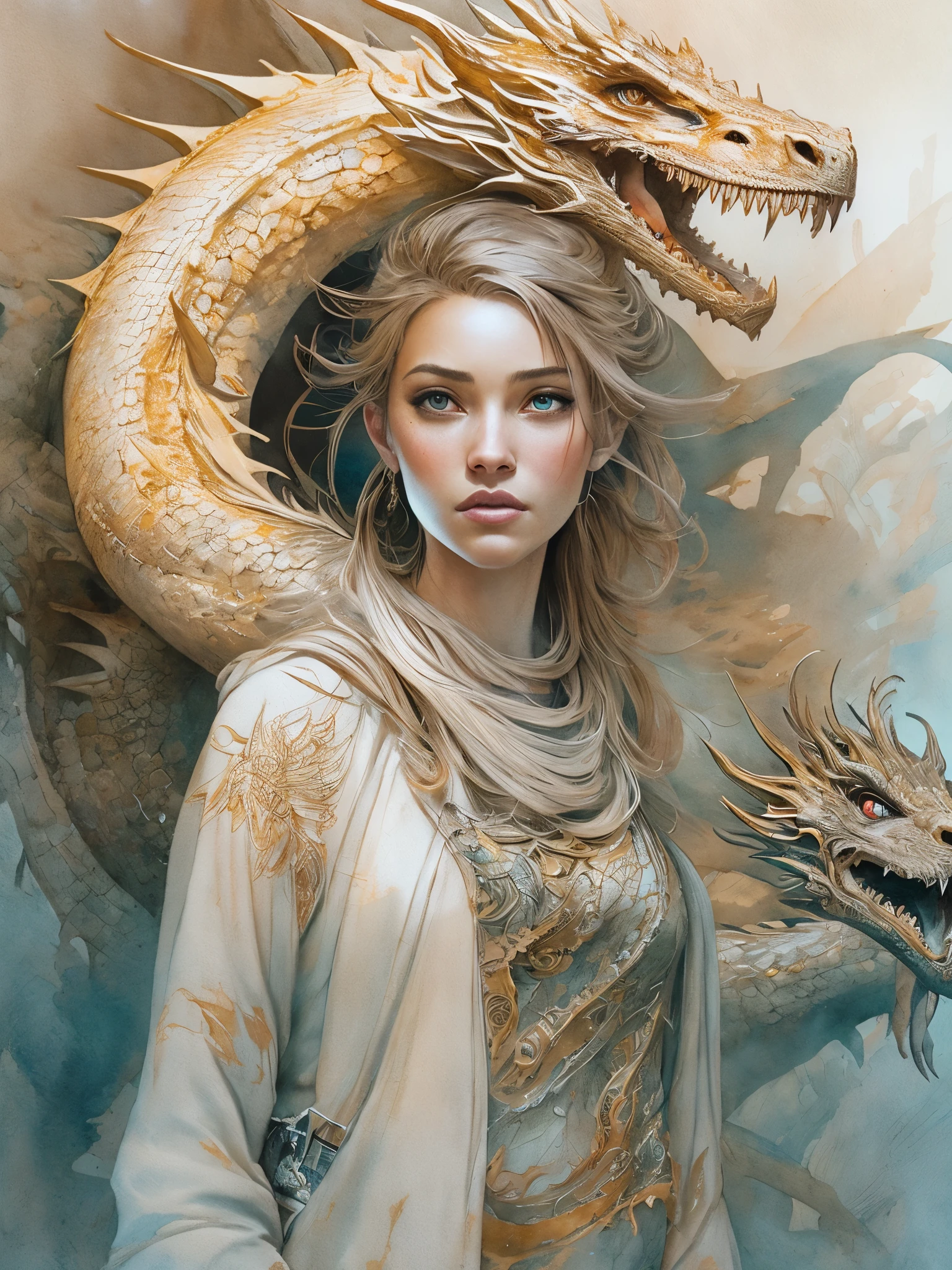 female with a young dragon behind her shoulder. Full body, Detailed face, detailed eyes. line art watercolor wash, ethereal background, abstract beauty,stand, approaching perfection, pure form, golden ratio, minimalistic, unfinished, concept art, by Brian Froud and Carne Griffiths and Wadim Kashin and John William Waterhouse, intricate details, 8k post production, high resolution, hyperdetailed, sharp focus, studio photo, intricate details, highly detailed, by greg rutkowski